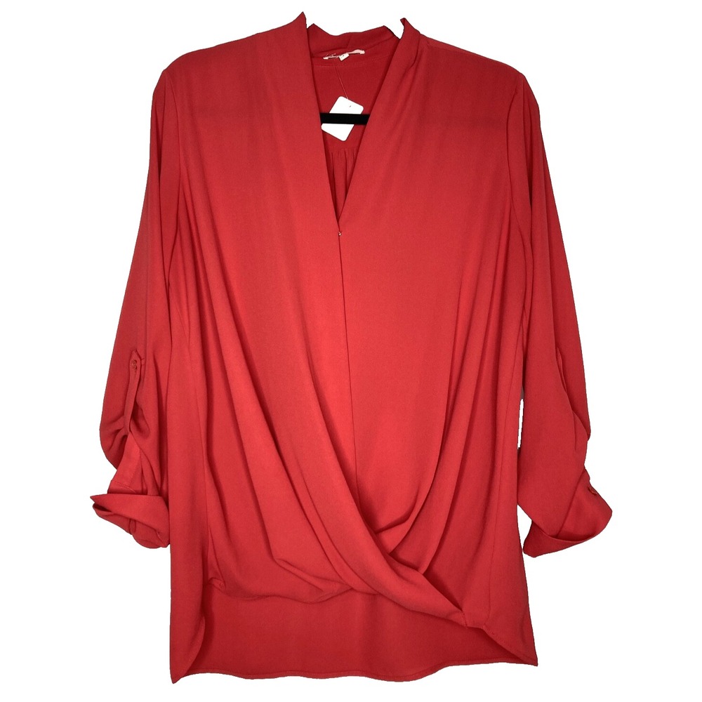Anthro PLEIONE Top Women Large Red Roll Tab Sleeve V-Neck Faux Wrap Hi Lo Hem